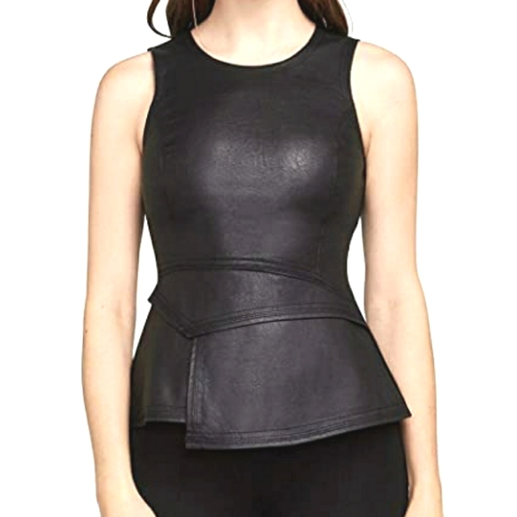 BCBGMaxAzria Tops - 🌱 BCBGMaxAzria Faux Leather Sleeveless Peplum Top Black Sz XXS